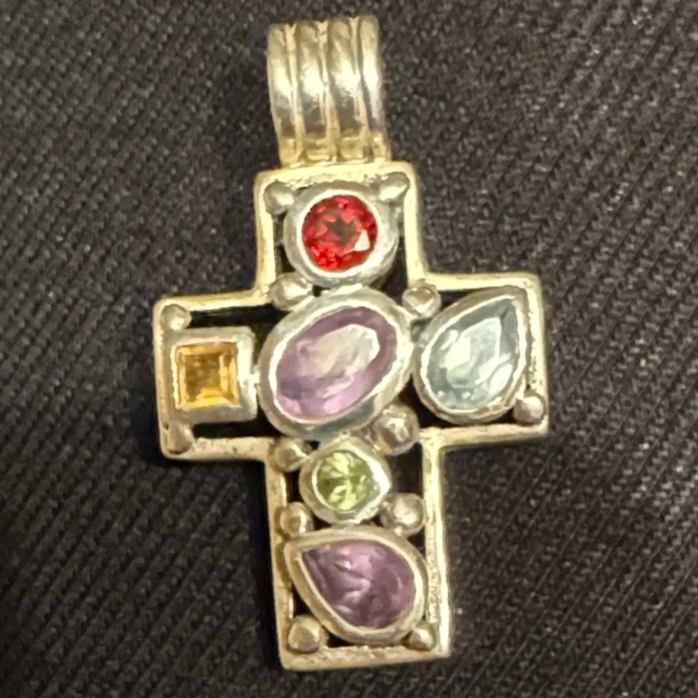 Silver Multi-Gemstone Cross Pendant